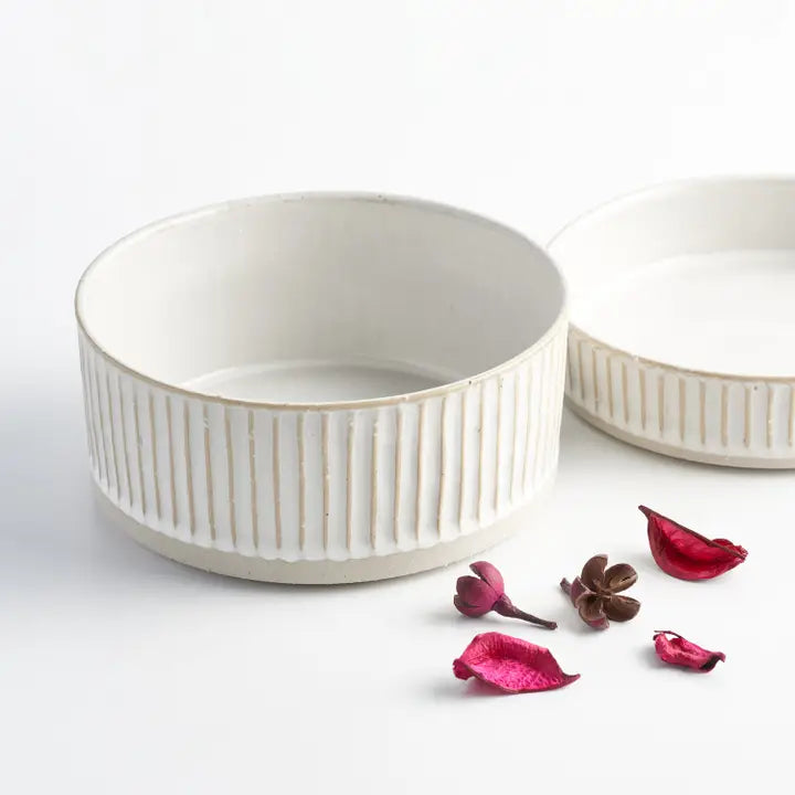 Dog Water Bowl – White Scalloped Stoneware