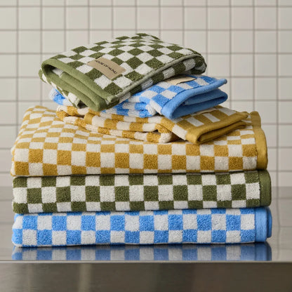 Towel + Bath Mat Set - Olive Green Check