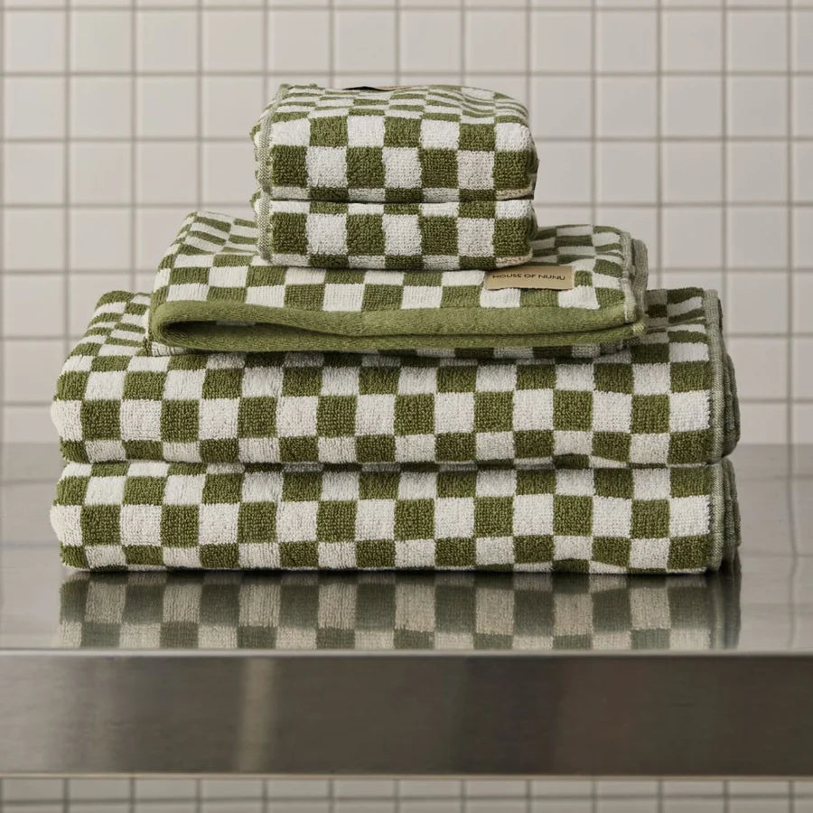 Towel + Bath Mat Set - Olive Green Check