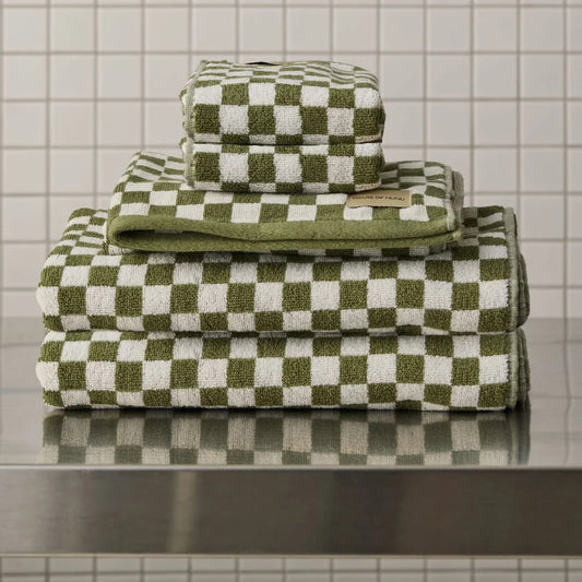 Towel + Bath Mat Set - Olive Green Check