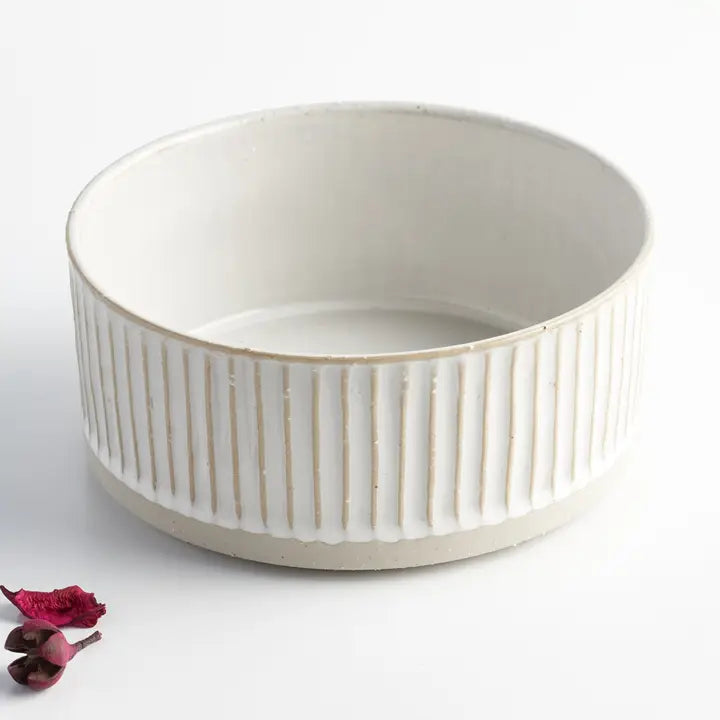 Dog Water Bowl – White Scalloped Stoneware