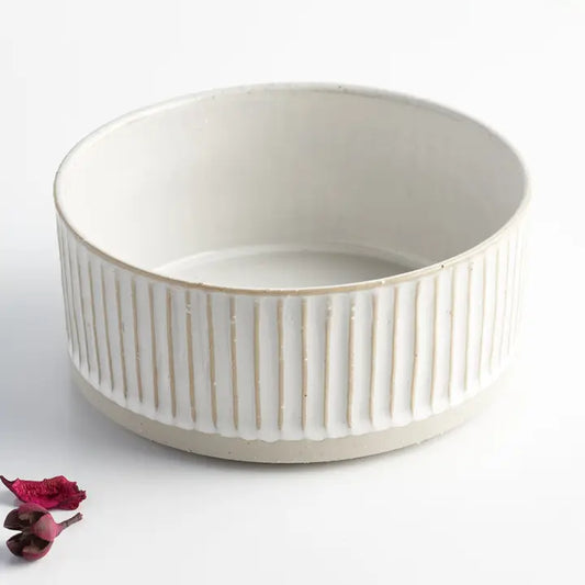 Dog Water Bowl – White Scalloped Stoneware